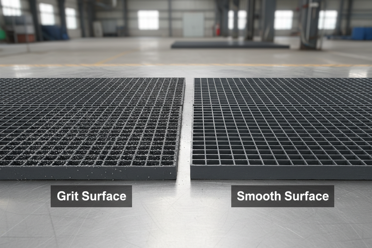 深灰色FRP格栅铺砂表面vs光滑表面产品对比