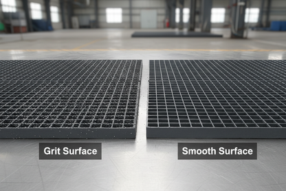 深灰色FRP格栅铺砂表面vs光滑表面产品对比