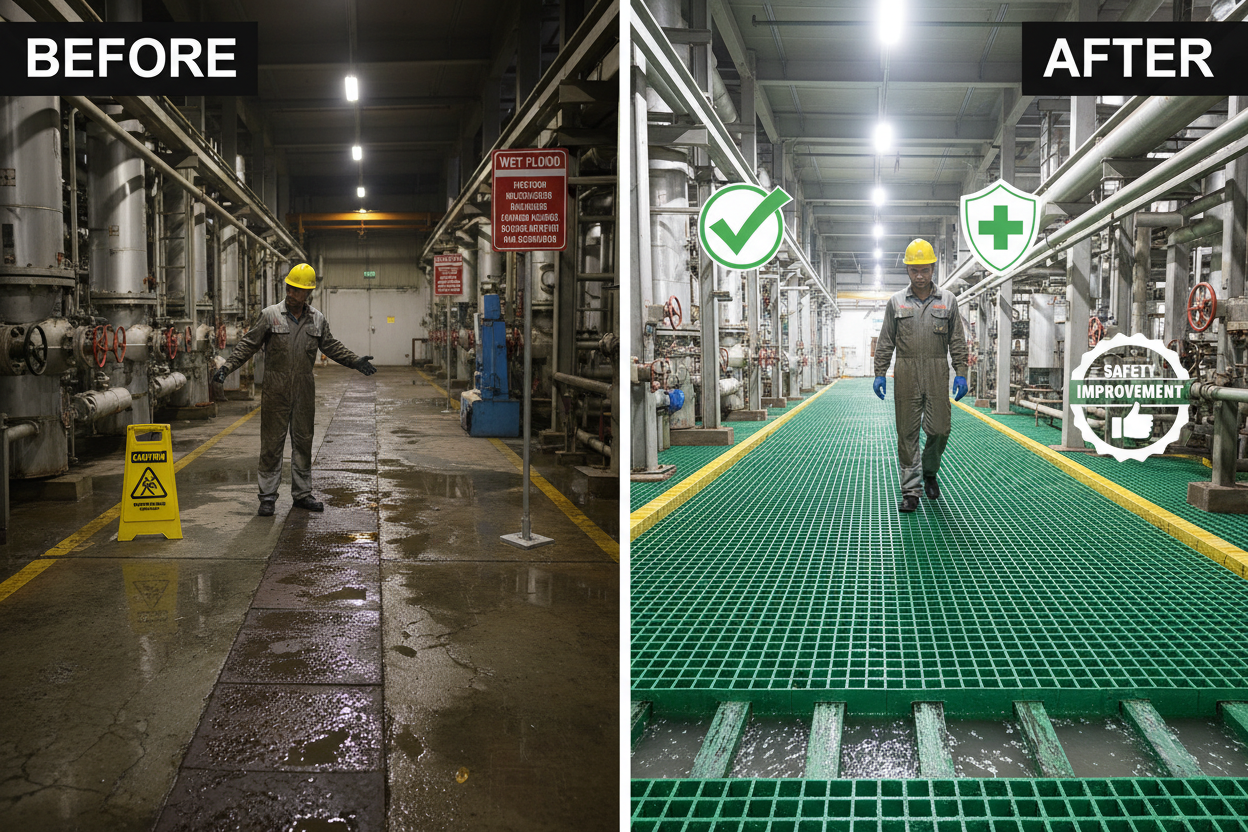 FRP格栅安装前后对比 - 防滑性能提升